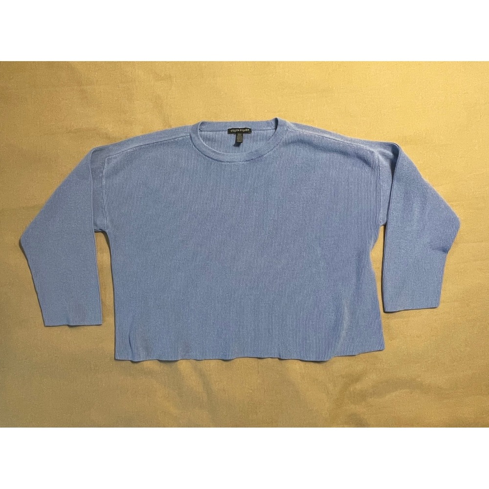 Eileen Fisher Tencel Boxy Crewneck Top Size SP Blue Ribbed Minimalist Capsule